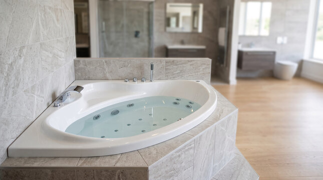 Modern bathroom corner jacuzzi tub with tiled walls and wooden floor