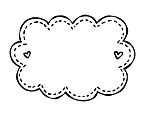 Fototapeta premium Blank scalloped cloud frame with stitched border and tiny hearts in a clean outline style for romantic wedding celebrations for romantic celebrations. Vector illustration.