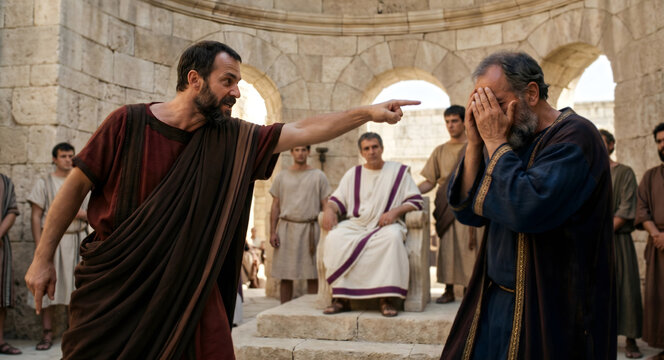 Biblical scene with Paul the Apostle confronting the sorcerer Elymas in front of the proconsul Sergius Paulus, Dramatic historical enactment of Acts 13 featuring men in ancient tunics