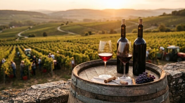 Wine tasting at sunset in a vineyard with grapes and bottles on a barrel