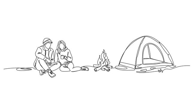 animated continuous one line drawing of young couple sitting by campfire near tent. Romantic outdoor camping adventure concept, line art animation