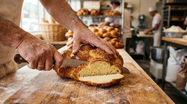 Baker slicing a freshly baked challah bread with sesame seeds in a bakery