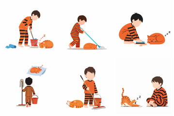 Set of illustrations featuring a young boy in striped pajamas cleaning the house with a mop and bucket, accompanied by a lazy orange tabby cat.
