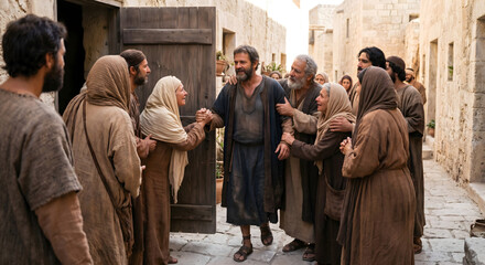 Fototapeta premium Saint Peter standing at the door of house with group of amazed men and woman, Biblical scene of apostle return from prison, Religious gathering, faith and hope in ancient Jerusalem. Cinematic 1-1