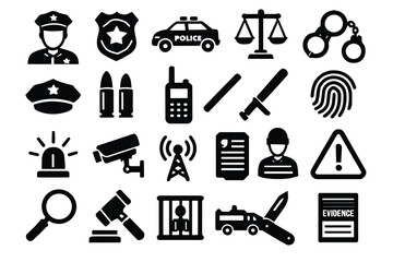 Law enforcement and justice icons in bold black lines, featuring police officer, badge, patrol car, scales, handcuffs, bullets, radio, baton, fingerprint, siren, camera, antenna, © FlatOnly