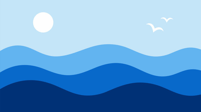 Layered paper cut ocean waves in three blue tones, minimalist vector seascape background with soft sun and birds, calming coastal tide rhythm for wellness branding, posters and wallpapers