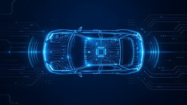 Modern electric vehicle with a brain of circuits and a microchip, showcasing intelligent driving and future transportation innovations.