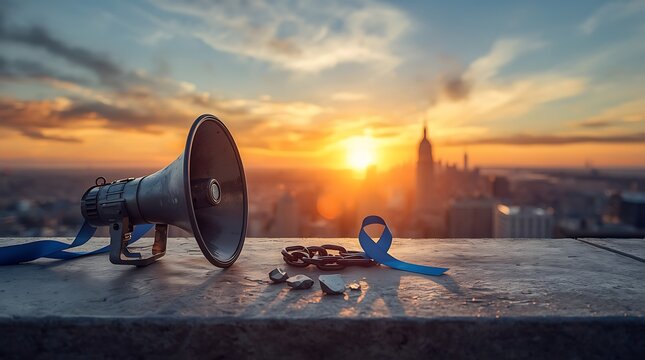 Realistic HDR Composition Of Megaphone Broken Chain And Blue Ribbon At Golden Hour