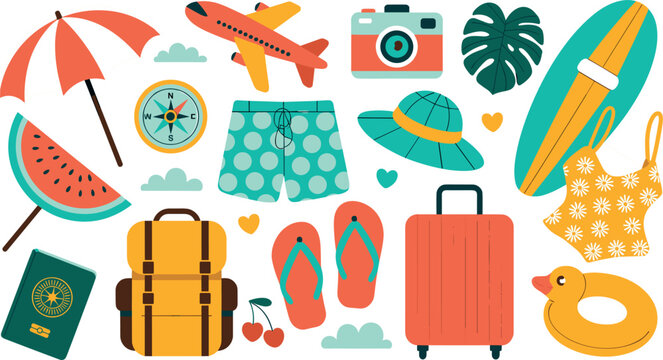 Summer vacation travel elements collection featuring beach accessories suitcase surfboard airplane shorts passport and camera vector icons