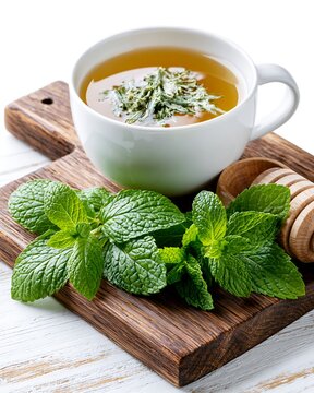 Fresh Mint Tea with Honey Dipper on Wooden Board, Healthy Beverage