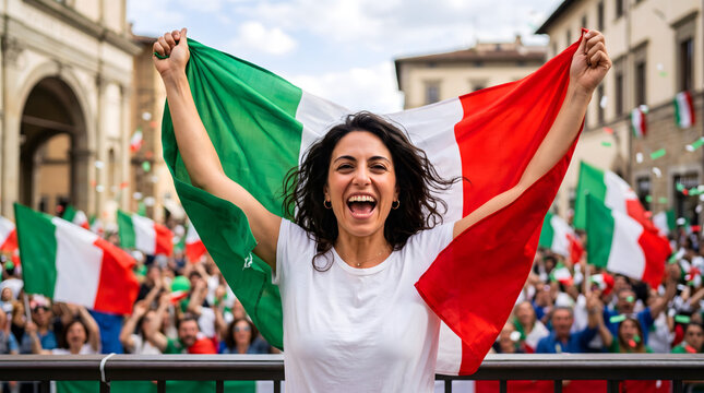 people , Portrait, Success, Portrait of pretty and happy Italian woman standing with smile in front of Italy flags shouting celebrating victory or success
