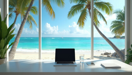 Naklejka premium Minimalist office desk with laptop and phone faces ocean view with palm trees. Bright sunny day on tropical beach with blue water and white sand.
