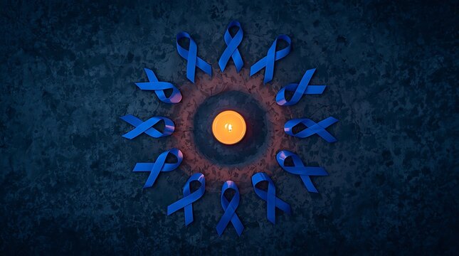 Cinematic HDR Flat Lay Of Blue Awareness Ribbons And Candlelight
