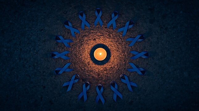 Blue Awareness Ribbons Surrounding Glowing Candle Symbolizing Hope And Solidarity