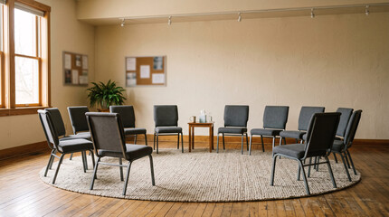 Fototapeta premium Circle of chairs arranged on rug in bright meeting room for discussion