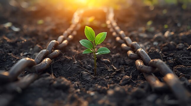 Young Green Tree Growing Through Broken Chains Symbolizing Hope And Freedom