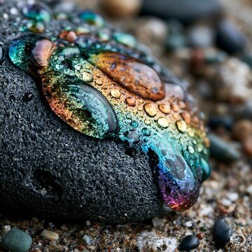 Vibrant Rainbow Hues Reflect in Water Drops on a Textured Dark Stone