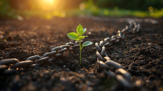 Inspirational Nature Concept With Young Tree And Broken Chains On Fertile Soil