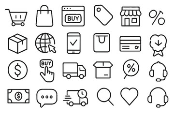 Fototapeta premium Clean line art icons representing online shopping, e-commerce, and digital transactions, featuring a shopping cart, credit card, delivery truck, and search magnifying glass in a