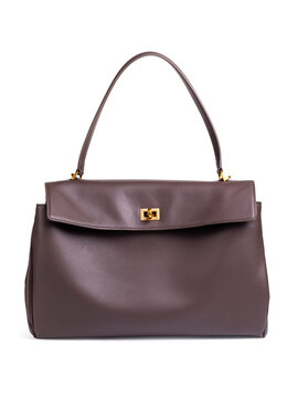 Womens medium leather handbag chocolate brown with gold twist lock and flap isolated on white background front view