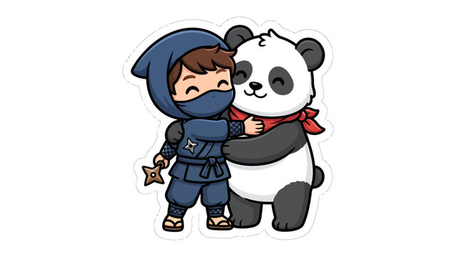 Ninja and Panda Hug: A charming chibi-style ninja, dressed in traditional blue attire and mask, shares a heartwarming embrace with a cute panda wearing a red scarf.