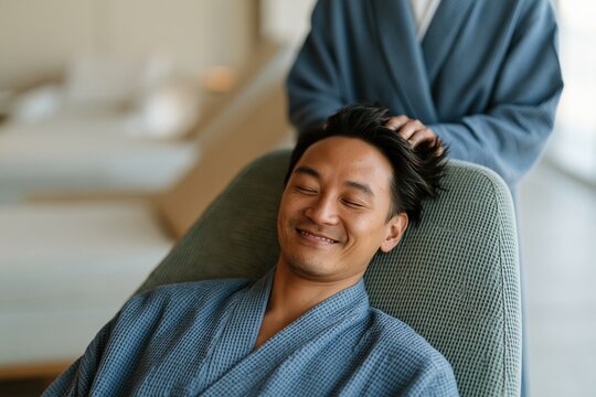 Smiling man receiving relaxing head massage in blue robe for spa wellness poster background and relaxation design