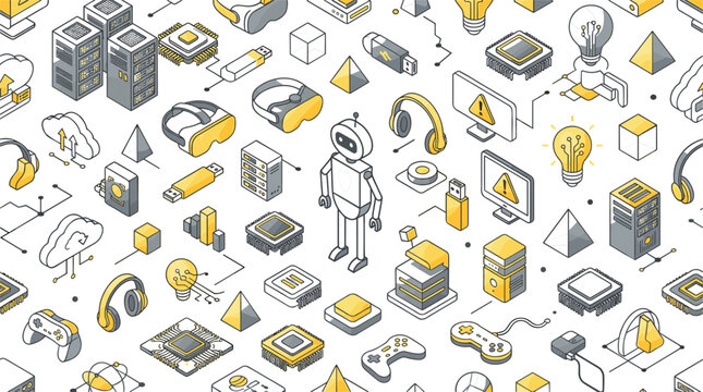 Artificial intelligence and technology isometric pattern with robot microchip vr headset database computing vector graphic elements set
