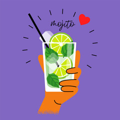 hand holding a glass of mojito cocktail. bright poster on the theme of parties with drinks, love for cocktail. flat drawing with texture. stock vector illustration. EPS 10. © Tatiana