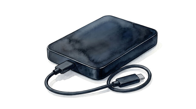Black external hard drive with connected usb type c cable for digital data storage and transfer