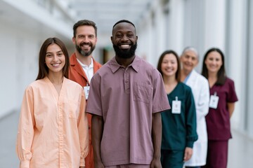 Fototapeta premium Diverse medical team smiling in hospital hallway for healthcare poster and team presentation background