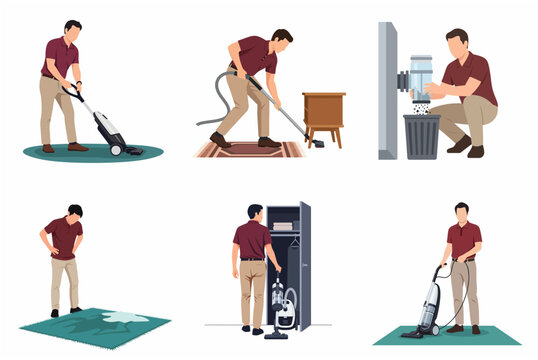 Professional and Household Cleaning Service Set with Man Vacuuming and Emptying Dust