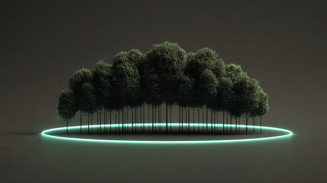 Nature conservation tree forest neon ring glowing dark scene supports ecology protection with futuristic light