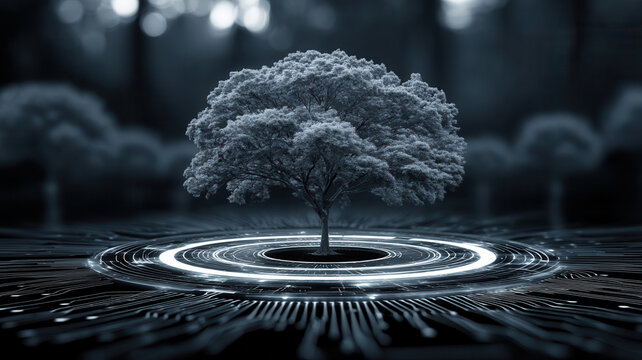 Nature conservation tree circuit forest technology glowing ring digital landscape symbolizes environmental protection