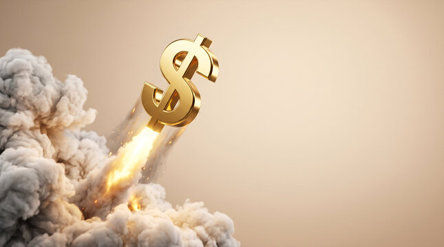 Golden dollar sign rocket launching with smoke and fire