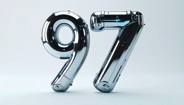 A futuristic, metallic 3D render of the number 97, with intricate mechanical details and a glossy chrome finish.