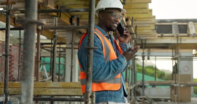 Phone call, black man or construction worker with communication from foreman for development. Scaffolding, tech or talking to contractor with update, renovation or building with smile outdoor at site