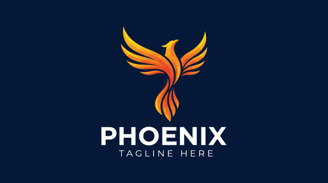 Phoenix bird logo vector illustration with orange gradient wings isolated on a dark blue background
