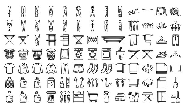 Clothes Laundry and Home Cleaning Service Icon Set with Washing Machine Clothespins Ironing Board Detergent and Apparel Maintenance Line Art Outline Symbols