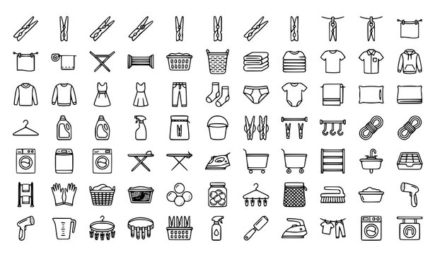 Laundry Housekeeping and Clothes Care Icon Set with Washing Machine Detergent Ironing Board Clothespins and Garment Maintenance Outline Line Art Symbols