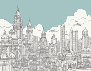 Obraz premium Mumbai skyline. Panorama of the Indian city of Mumbai with landmarks and famous buildings. Landscape with urban architecture and monuments. Cityscape with skyscrapers. Outline flat vector .