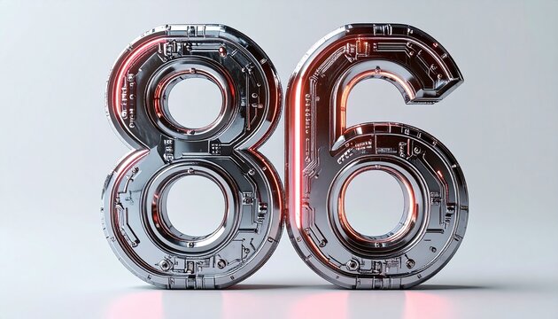 Metallic 3D rendered number 86 with futuristic circuitry and red glow on a white background.