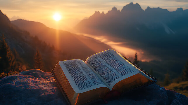 The postcard features a majestic mountain landscape with the rising sun in the background, golden morning light, fog over the valleys, a peaceful and divine atmosphere.
Na otkrytke &mdash; velichestvennyy g
