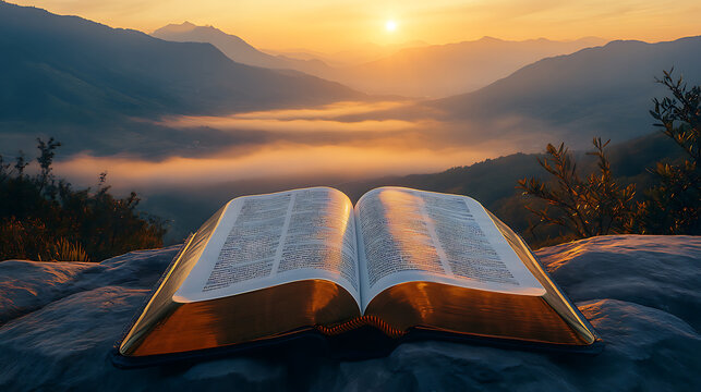 In the foreground is an open Bible, in the background is a majestic mountain landscape and the rising sun, golden morning light, fog over the valleys, a peaceful and divine atmosphere, the pages of th