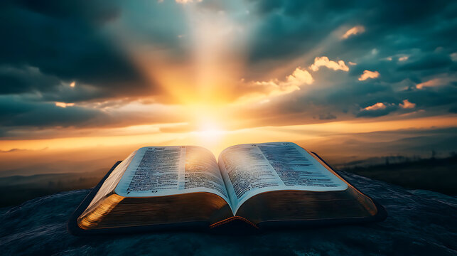 Majestic mountain landscape from the Bible, rising sun, golden morning light.

