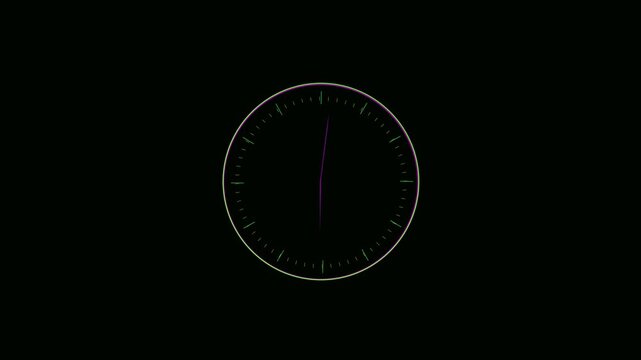 Stylized neon analog clock with erratic moving hands on a black background for motion graphics and creative video overlays with alpha channel potential