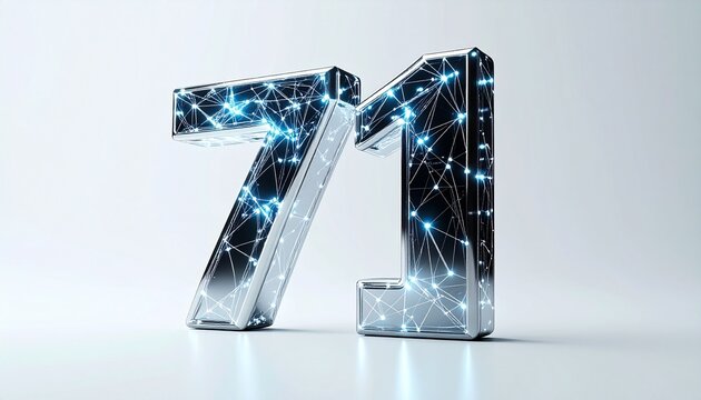Abstract Metallic Number Seventy One with Glowing Network Connections and Digital Technology Patterns
