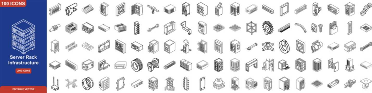 Server Rack Line Icon Set. Containing Data Center Hardware, Network Storage, Cloud Computing, Cooling Systems, and Power Management