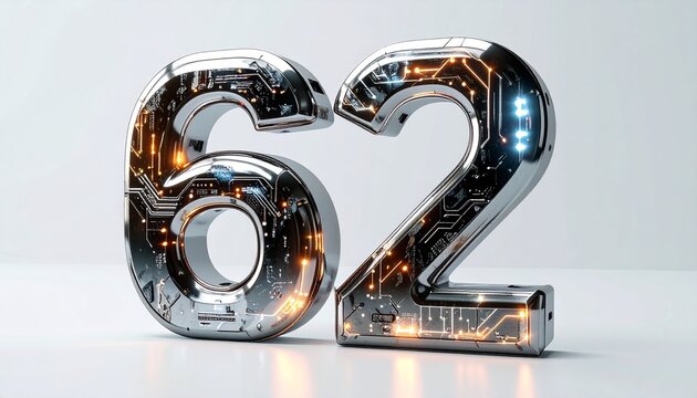 Futuristic 3D metallic number sixty-two with glowing electronic circuit board texture and cybernetic style digital components