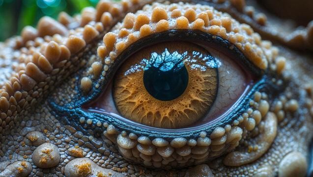 Extreme macro close up of a dinosaur eye with highly detailed textured reptilian skin scales and forest reflection in the shiny pupil