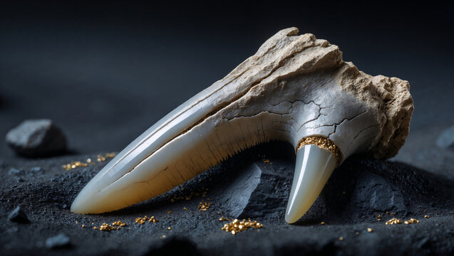 Prehistoric fossilized dinosaur claw and sharp tooth displayed on black coal sand with golden pyrite crystals, macro view